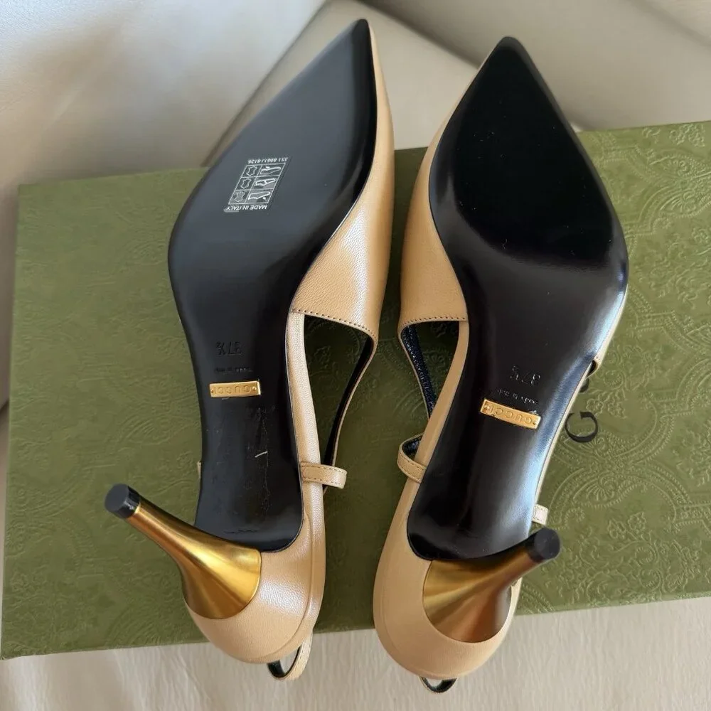NEW Gucci Metal Heel Slingback Pumps Sz 37.5 100% Authentic Nude - Picture 8 of 10